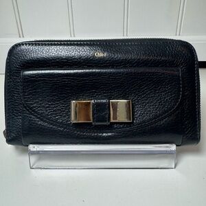 Chloé Continental Long Black Zippy Leather Wallet with Gold Tone Hardware